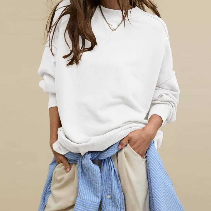 TISANCRE - Wholesale Sweatshirt - Women's - Trend style pullover long sleeve European and American style split sweater round neck solid color loose sweater