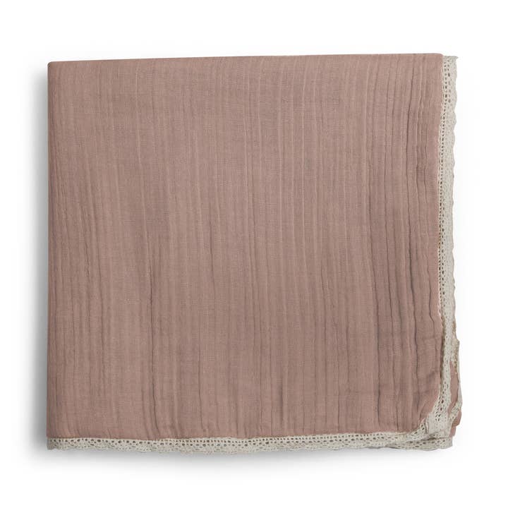 Organic Cotton Muslin Blanket - Pecan + Natural Lace for wholesale by Makemake Organics
