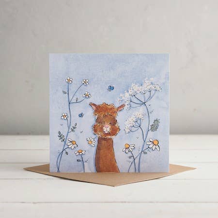 Biglietto d'auguri Pat the Alpaca per la vendita all'ingrosso da parte di Helen Wiseman Illustration