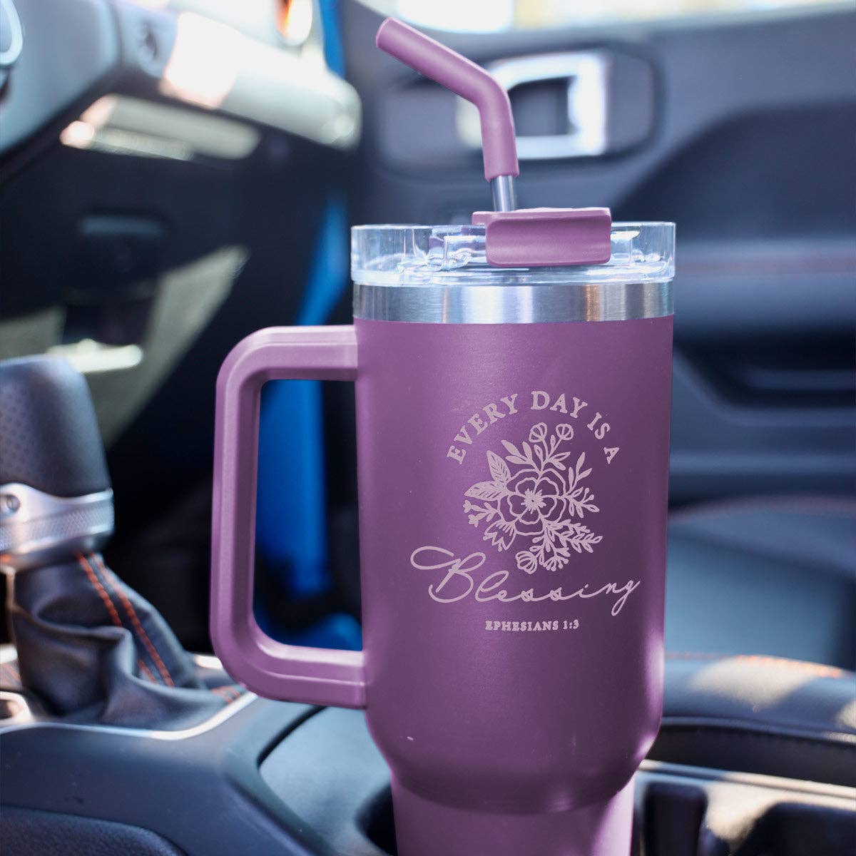 Purple Kerusso 40 oz Stainless Steel Mug With Straw Blessing for wholesale on Faire2