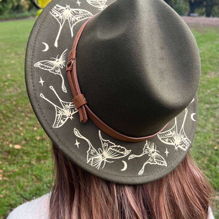 Witchwood Bags - Wholesale Fedora - Women's - Fox & Fable - Vegan Felt Wide Brim Hat - Olive - Luna Moths