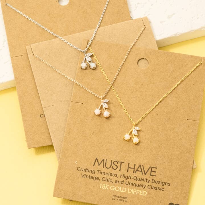 Fame Accessories - Wholesale Pendant/Charm Necklace - Gold Dipped Opal And Cz Cherry Pendant Necklace