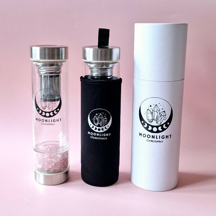 Moonlight Gemstones – Großhandel Trinkflaschen – Glas-Trinkflasche mit Edelsteinfilter Wasserflasche Bergkristall – 400 ml1