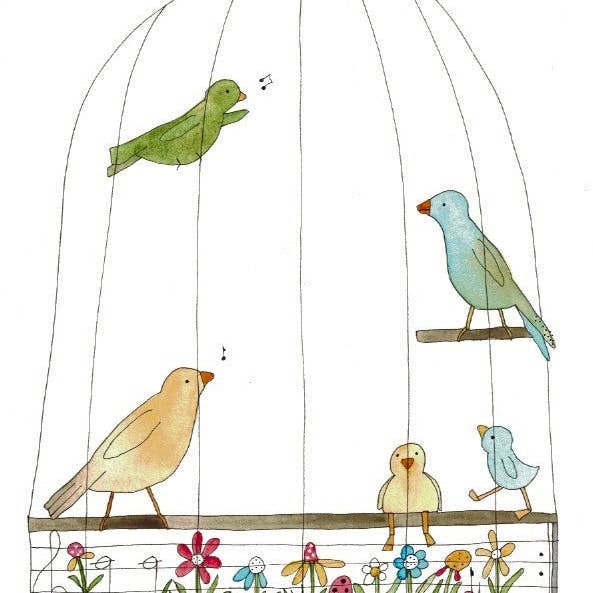 Bird cage songs greeting card for wholesale by Elle Bee Art Studio