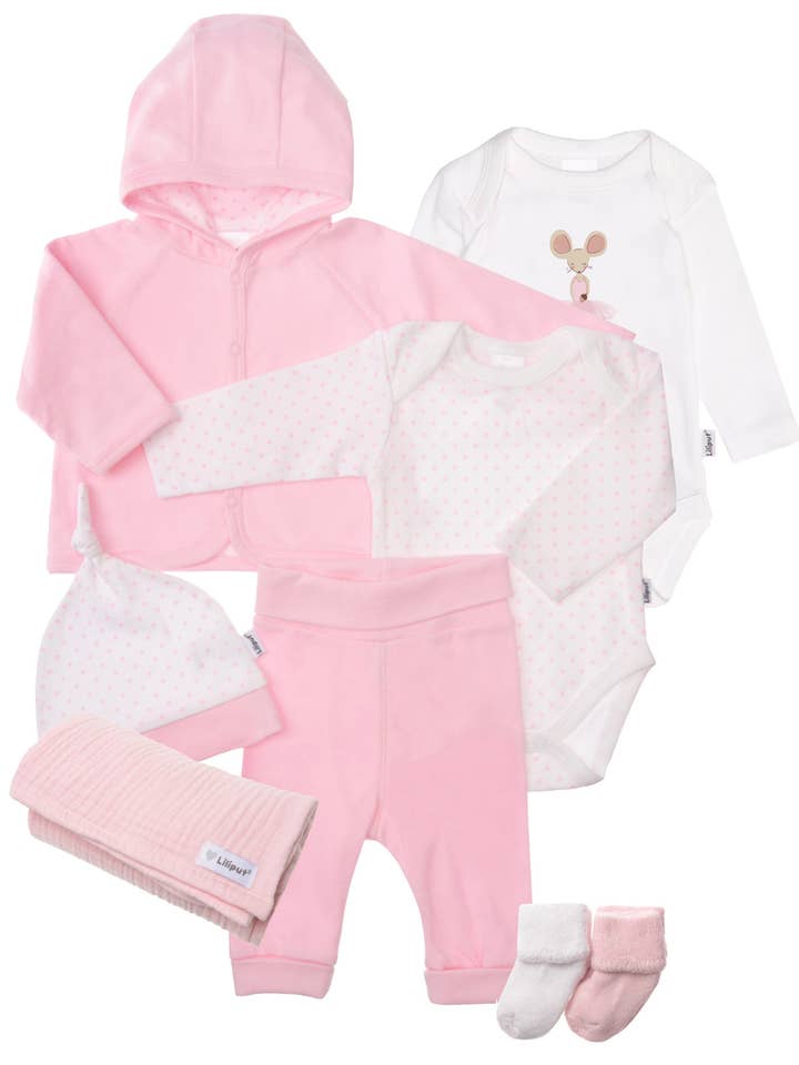 Grand ensemble de première nécessité au motif à pois mignon. pour la vente par Liliput