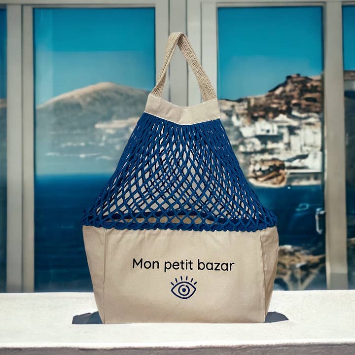 SHOPPINETTE – Großhandel Lebensmittel-/Einkaufstasche – “Mon petit bazar” bestickte Netz-Tasche0