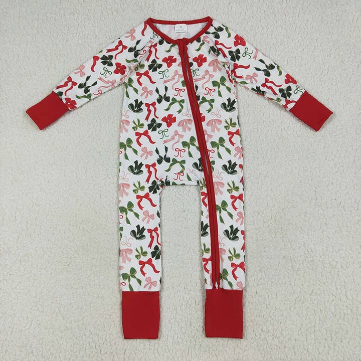 Baby Girls Christmas Red Green Bows Zipper Footie Rompers for wholesale by Aier Wholesale