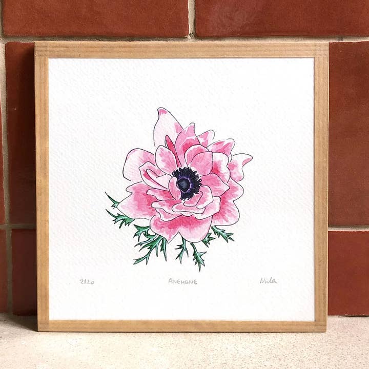 Akvarel: Lyserød anemone (15x15 cm) for engroshandel hos Atelier Nunila