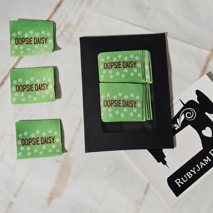Rubyjam Fabric - Wholesale Craft supplies - Oopsie Daisy Green, Woven Clothing Labels, 10 pack2
