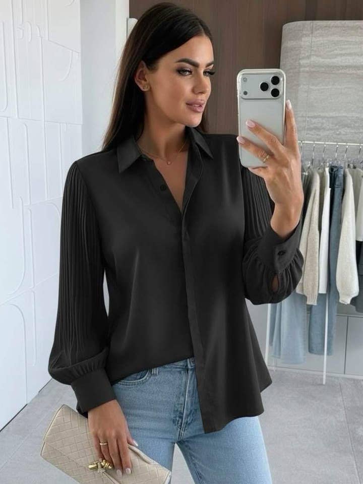 Monroe Pleated Sleeve Button-Up Shirt Blouse-Black for wholesale by Catwalk Wholesale