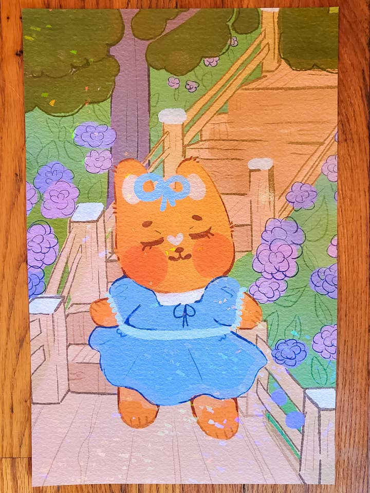 Tangerabbit in the Hydrangea Large Holographic Print for wholesale by StrawbunnyCake