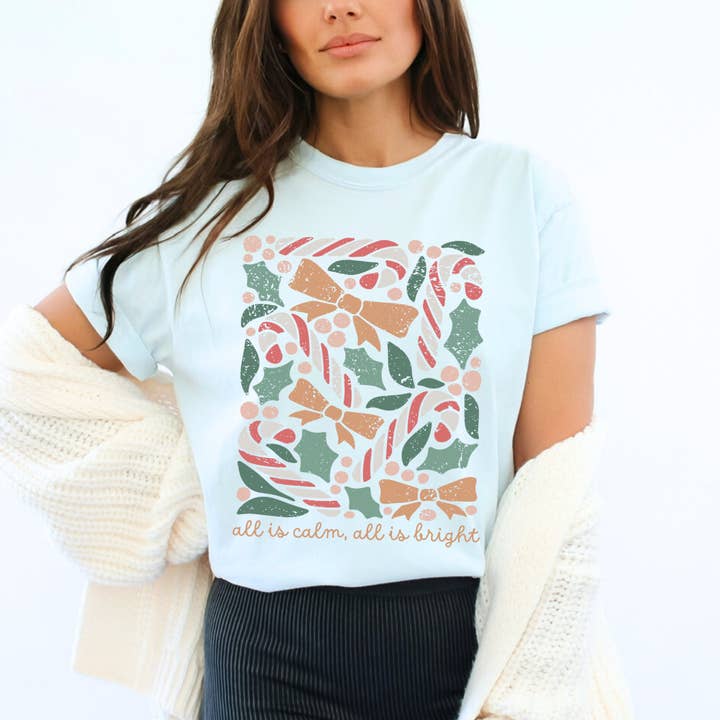 Scripted Pearl - Wholesale Screen Printed T-Shirt - Women's - All Is Calm All Is Bright Comfort Colors Christmas T Shirt