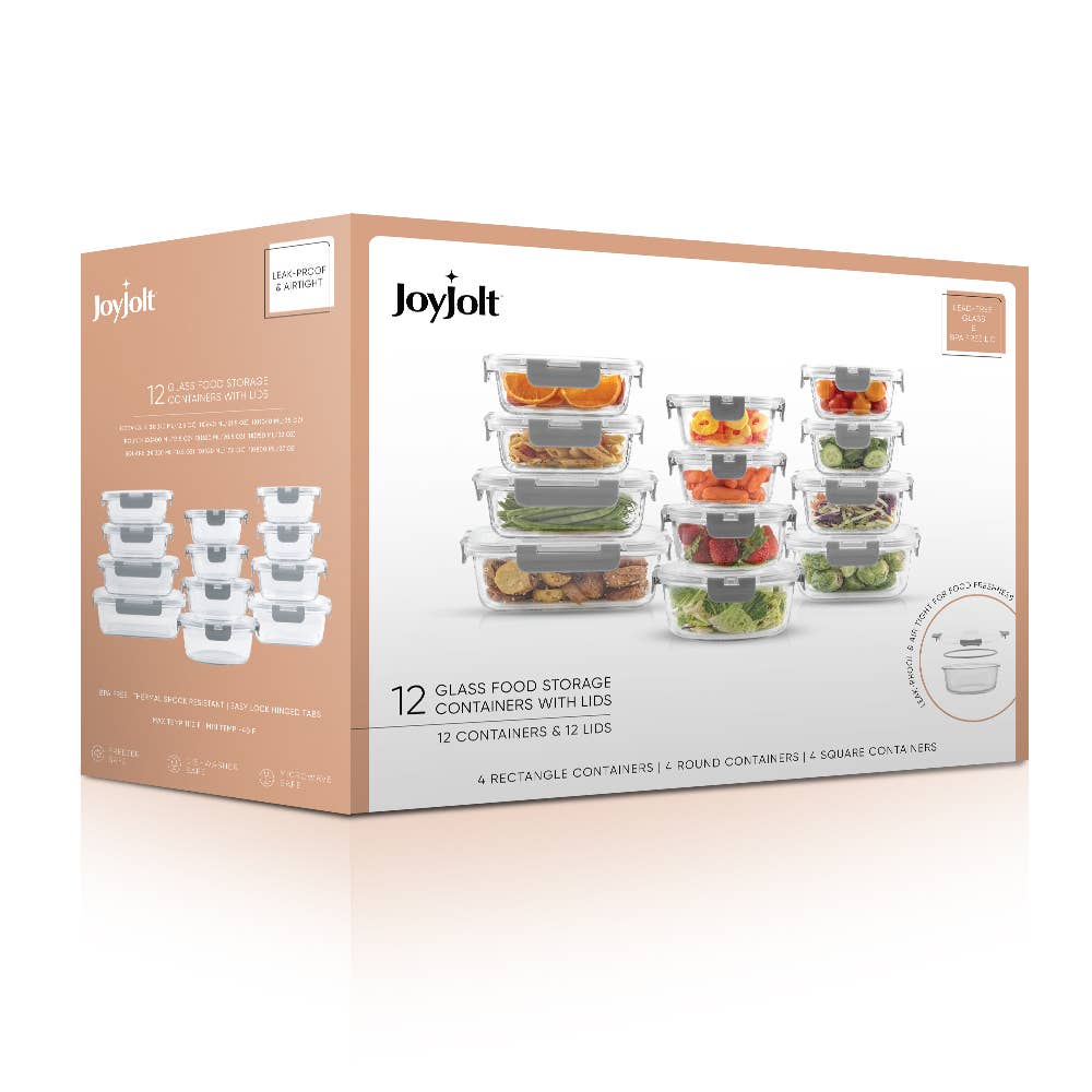 JoyJolt – Recipiente para armazenar alimentos por atacado – JoyFul 12 recipientes de armazenamento de vidro com tampas cinza à prova de vazamentos9