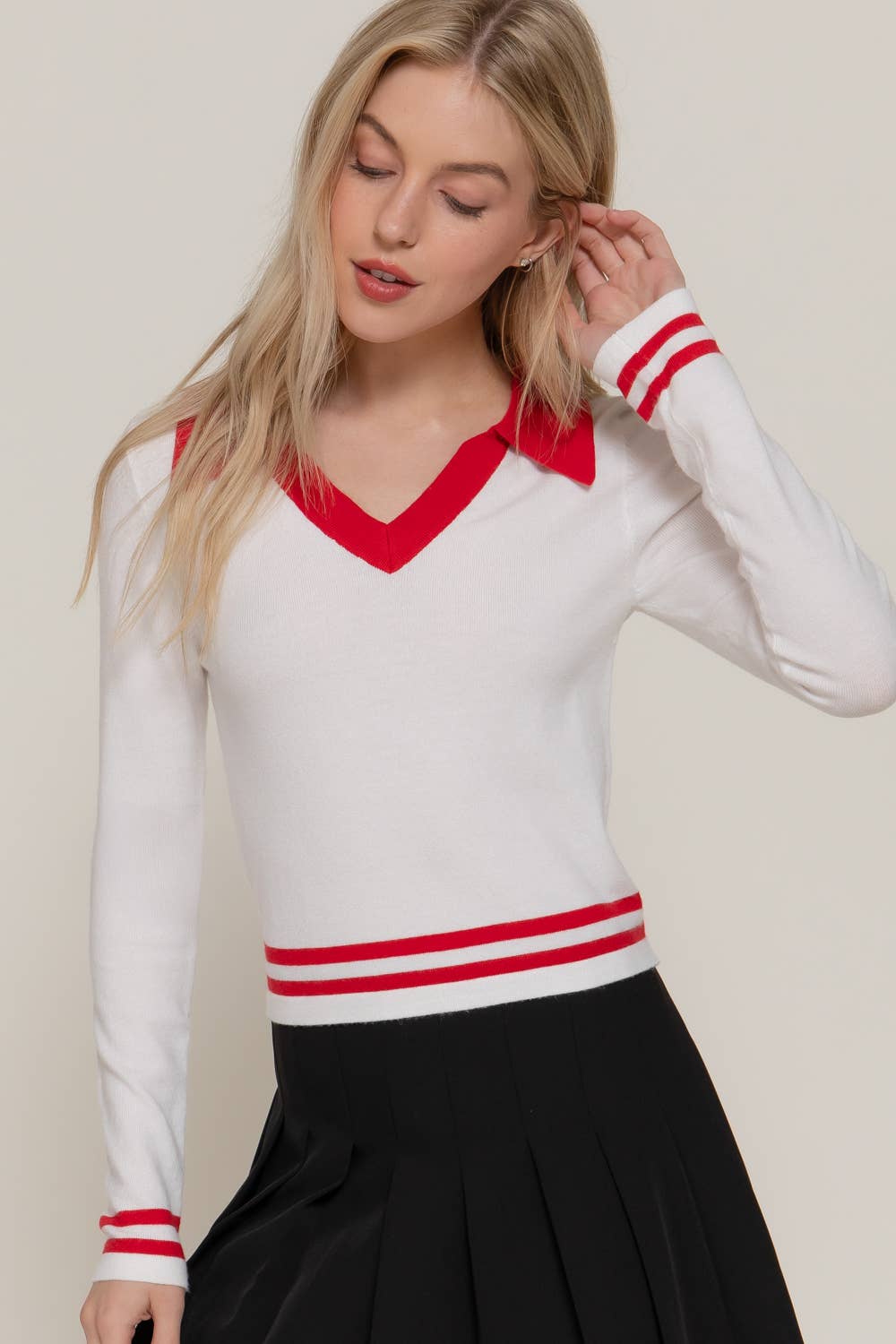 Active Basic | Active USA - Wholesale Knit Sweater - Women's - Long Sleeve Stripe Polo Sweater8