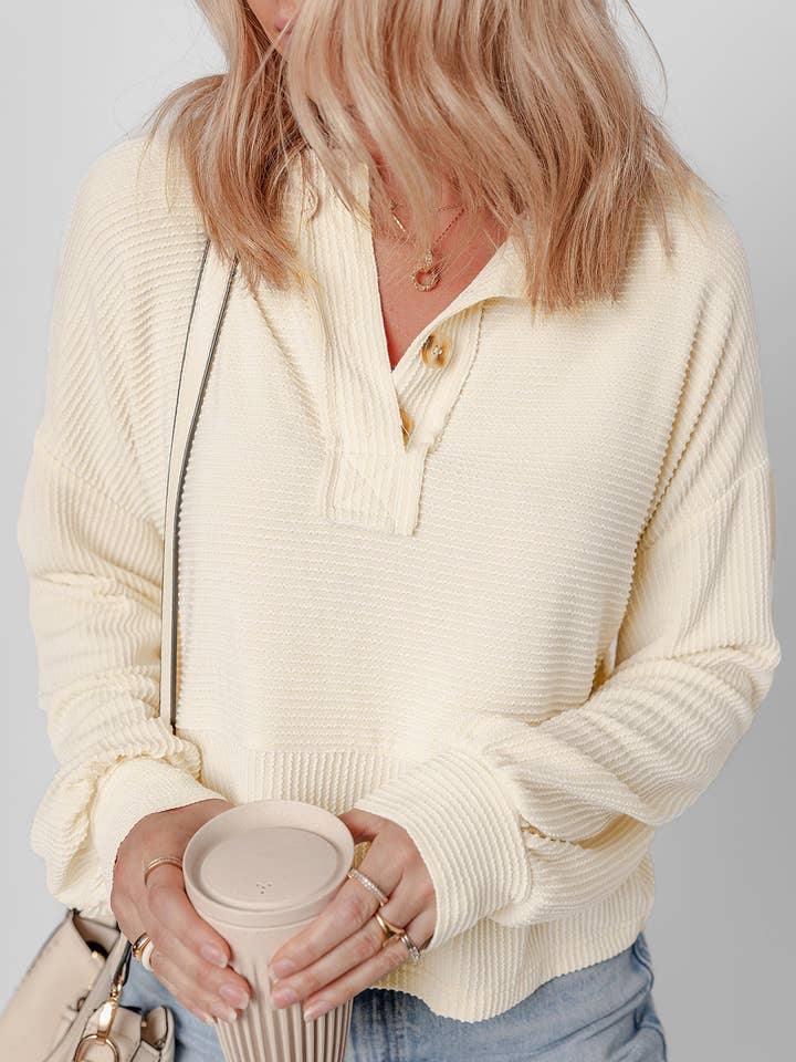 Waffle Knit Lantern Sleeve Henley Pullover – Apricot for wholesale by Suhkasana