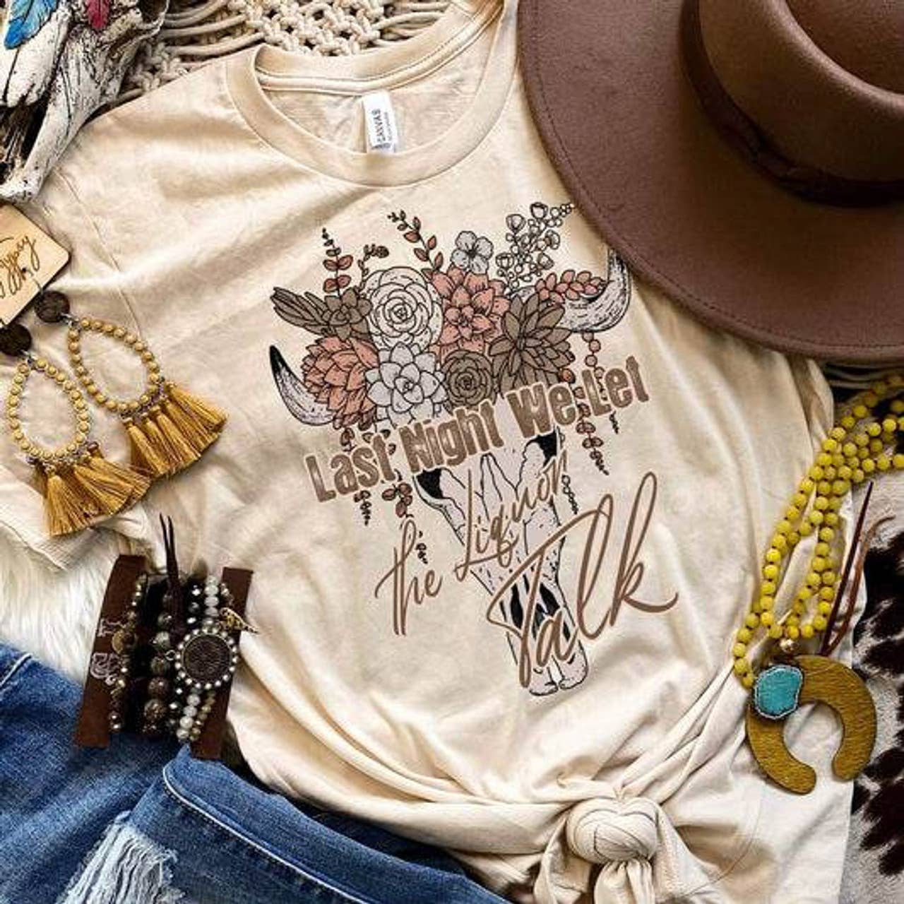 Trendy Tee Co. - Wholesale T-Shirt (Graphic) - Women's - Last Night We Let The Liquor Talk Everyday Soft Cream Tee0