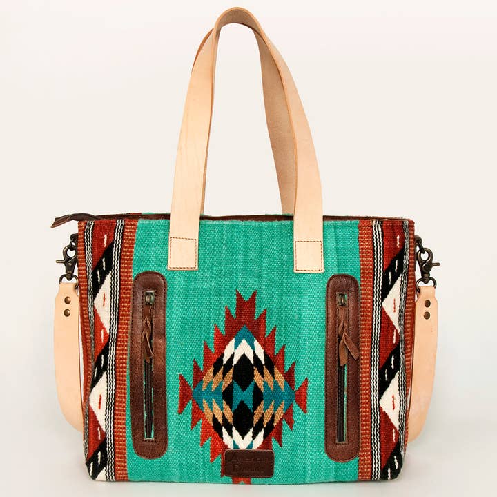 LS Western - Wholesale Tote Bag - Women's - LC-ADBG575D Southwestern Wool Tote with Natural Leather Straps Handwoven Tribal Pattern & Tassel32