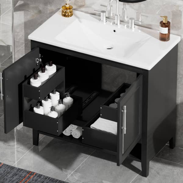 Orange County Decor - Wholesale Cabinet - 36" Bathroom Vanity With Sink, Multi Functional Bathroom Cabinet With Doors And Drawers, Mdf Frame And Mdf Board, Black Black Solid Wood Mdf2