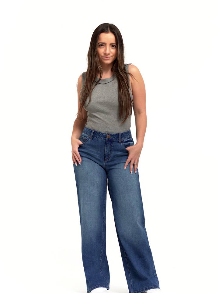 Petite Sustainable 29" Slim Wide Leg Jean in Charlie for wholesale by 1822 Denim