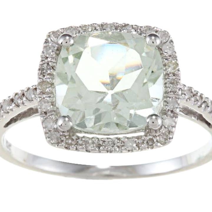 10k White Gold Cushion-Cut Green Amethyst and Diamond Halo Ring for wholesale by Luxurie Inc