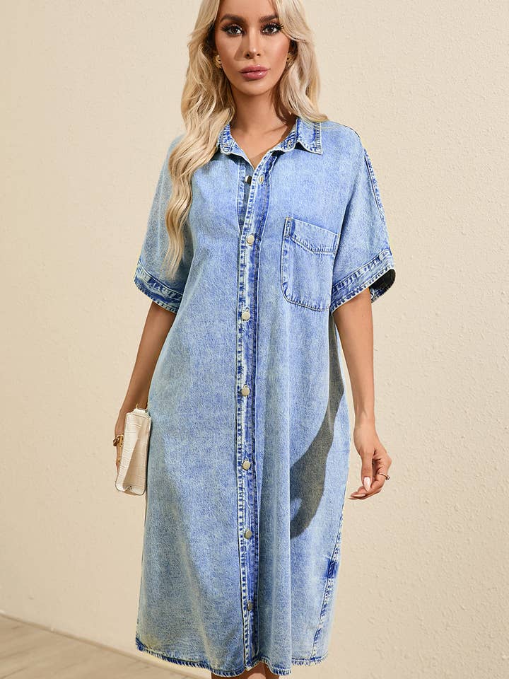 Light Blue Loose Medium Wash Chambray Dress with Short Sleeves for wholesale on Faire12
