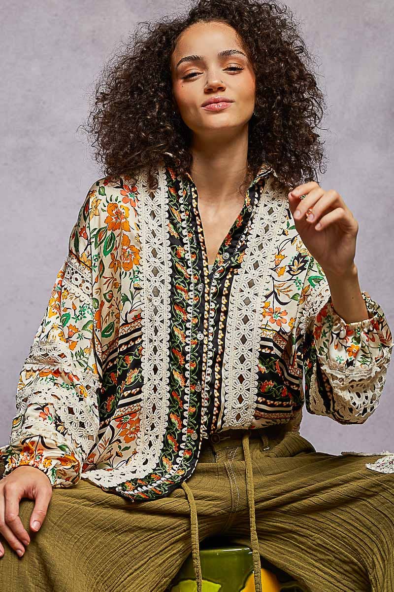 Pol Clothing - Wholesale Button Down Shirt - Women's - Balloon Sleeve Trim See-through Floral Printed Shirt Top10