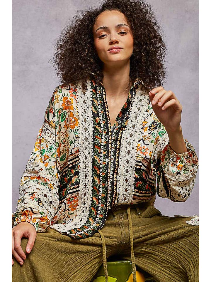 Pol Clothing - Wholesale Button Down Shirt - Women's - Balloon Sleeve Trim See-through Floral Printed Shirt Top10