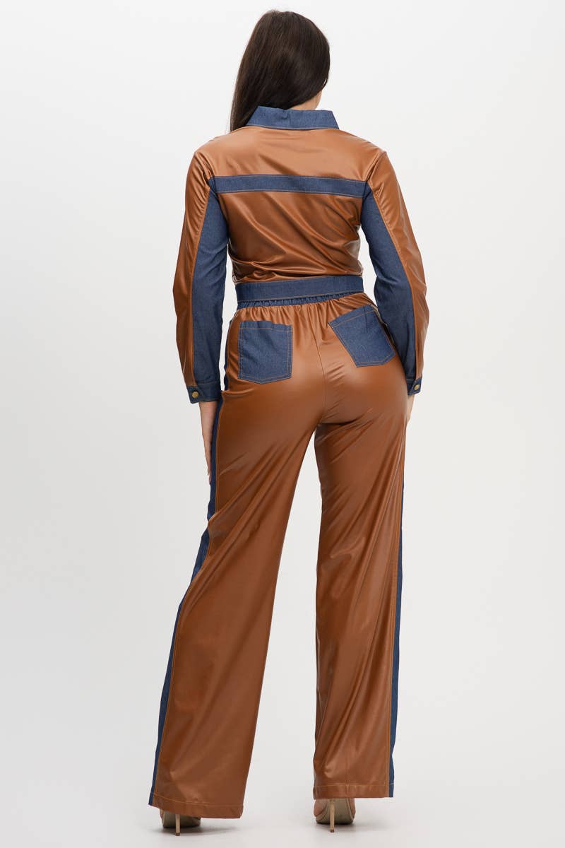 Julia by LoveJ - Wholesale Top & Pant Set (NOT Loungewear) - Women's - Pu Fabric Denim Contrast Jackets And Pants Set 3