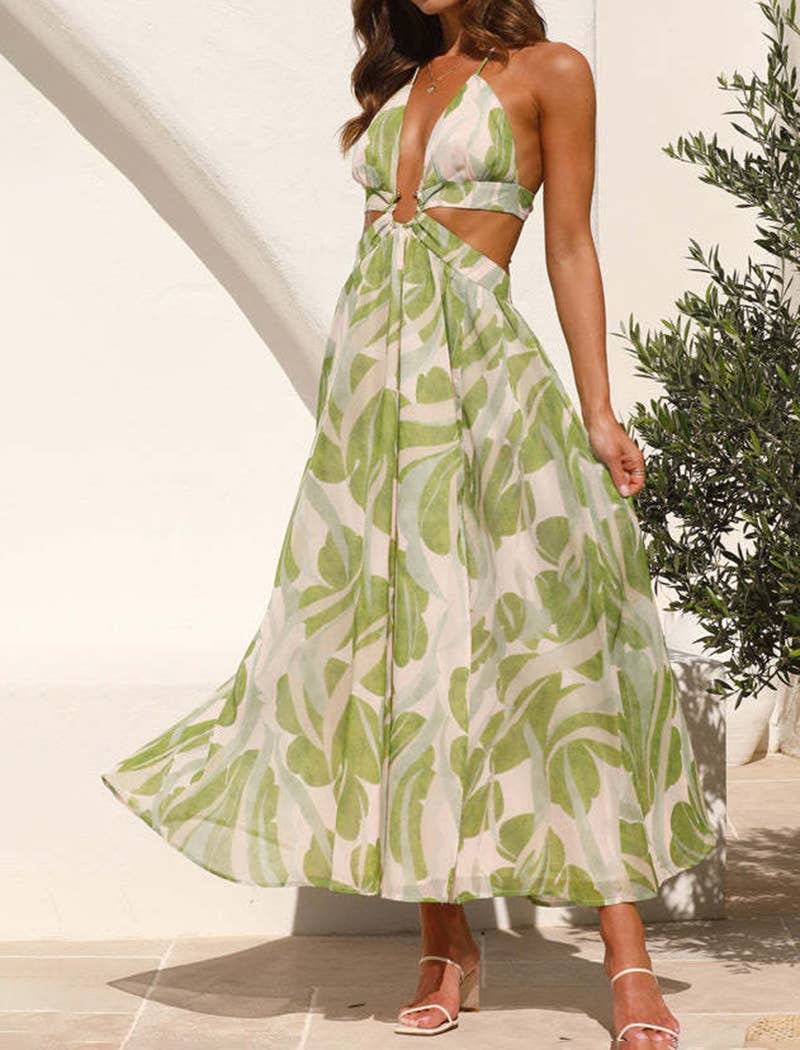 GRØN Bladmønstret halterneck maxikjole med bindebånd i ryggen for engroshandel på Faire1