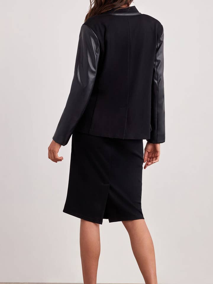 Black FAUX LEATHER MIXED MEDIA BLAZER for wholesale on Faire3