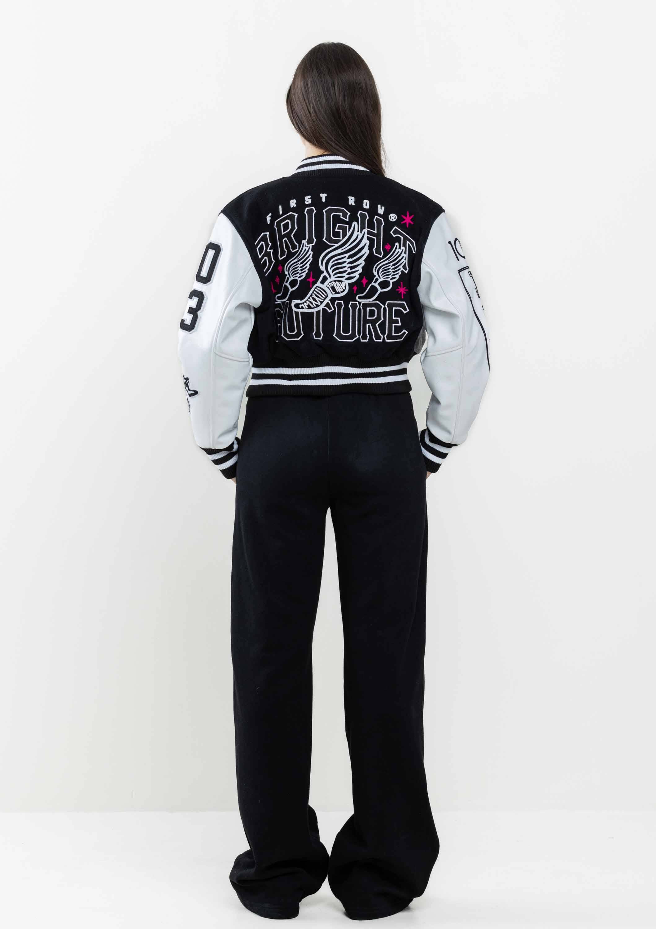 BLACK BRIGHT FUTURE CROPPED VARSITY JACKET for wholesale on Faire6
