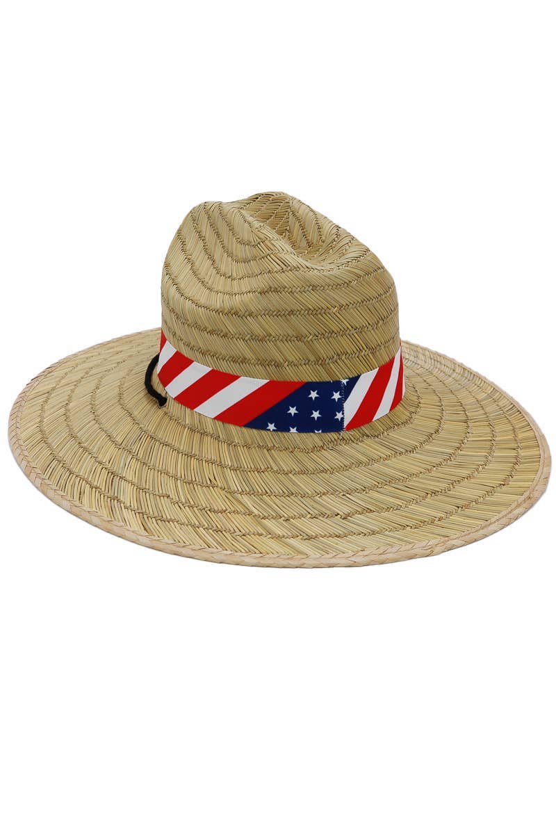 COME MOSTRATO Cappello da bagnino in paglia con banda larga con bandiera americana in vendita all'ingrosso su Faire5