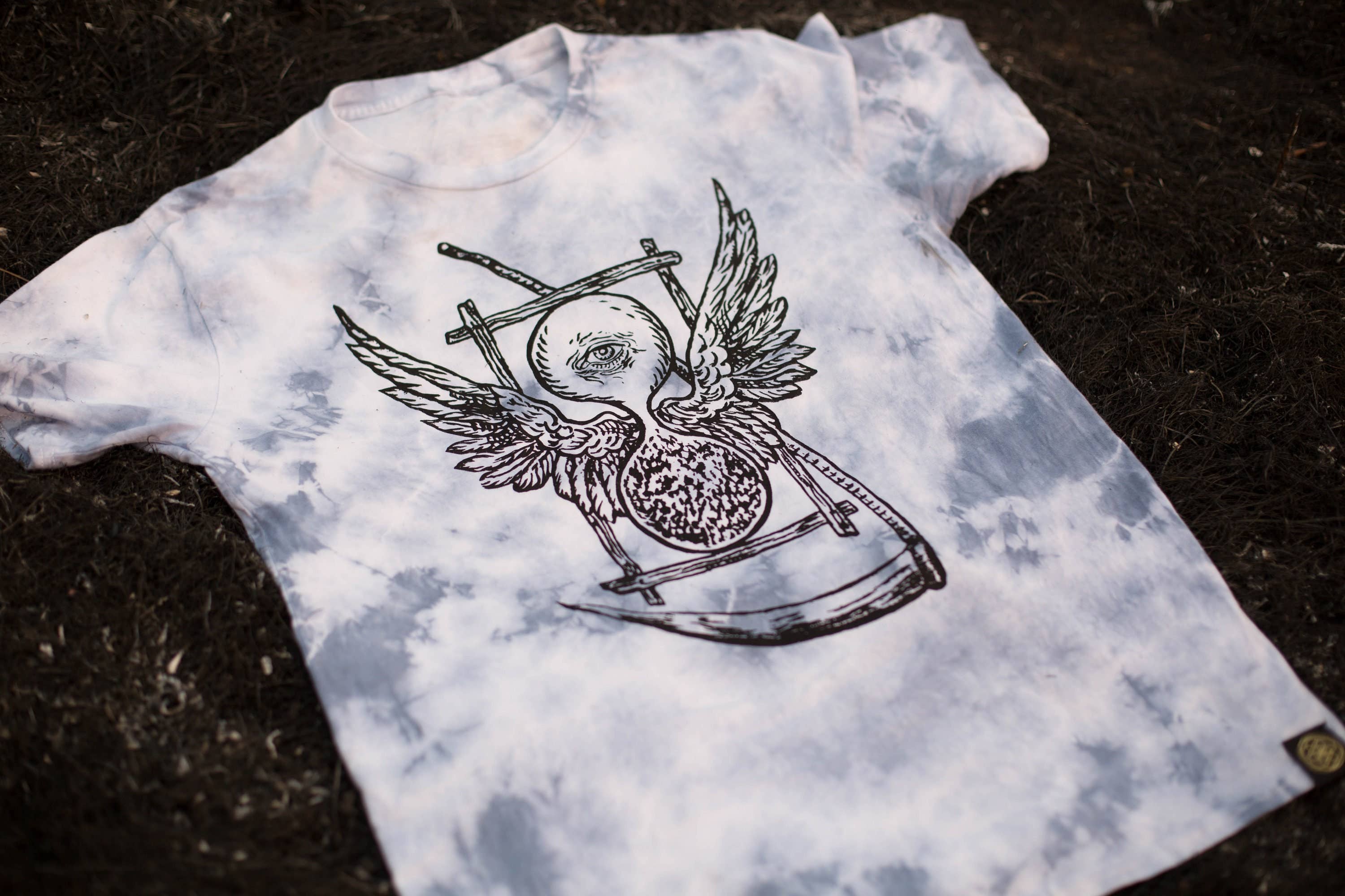 Sacred State Design - Wholesale Screen Printed T-Shirt - Men's - Pyramid Oracle Hourglass & Scythe Blue Dyed T-Shirt5