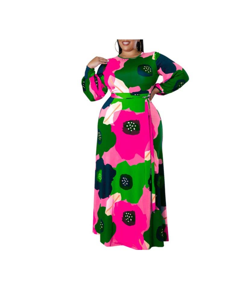 pinkblu02 - Wholesale Dress - Women's - Women Plus Size Long Sleeve Floral Print Round Neck Dress2