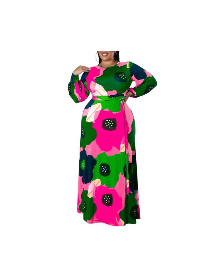 pinkblu02 - Wholesale Dress - Women's - Women Plus Size Long Sleeve Floral Print Round Neck Dress2