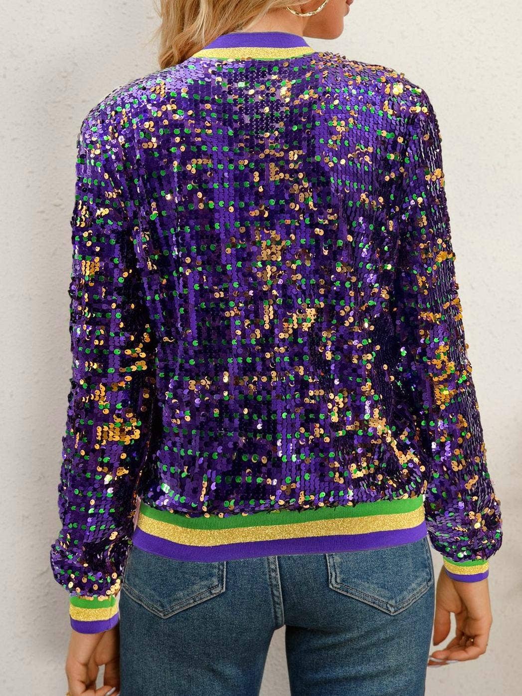 Purple Striped trim party sequins bomber jacket for wholesale on Faire7