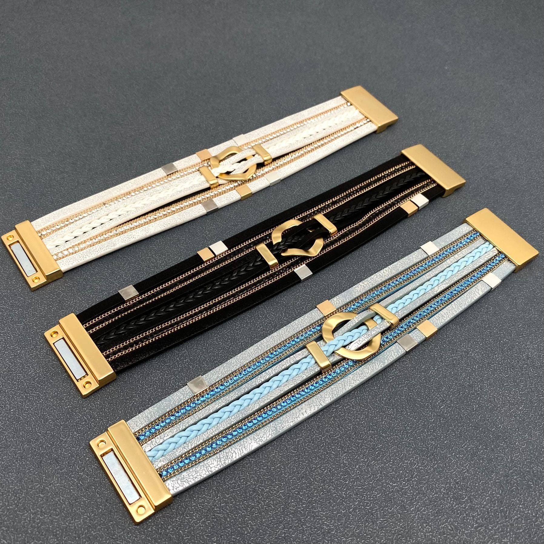 Mio Queena - Wholesale Bangle Bracelet - LB - Circle Charm Multi-Layer Rhinestone & Leather Bracelet5