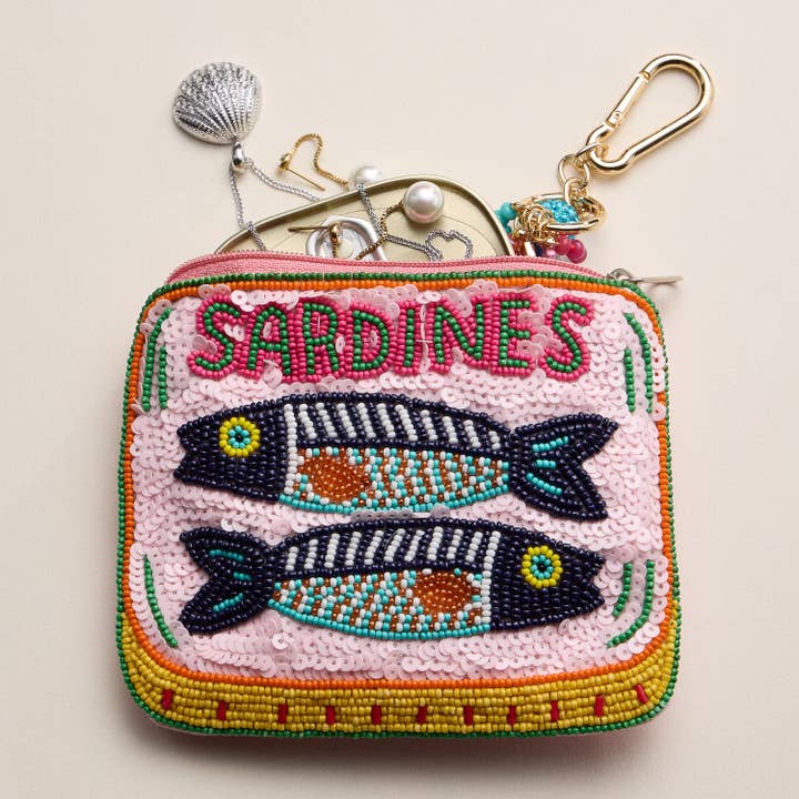 MT Beaded Sardine Tin Clutch – Pink Hand-Embroidered Sequin Zip Pouch for wholesale on Faire1