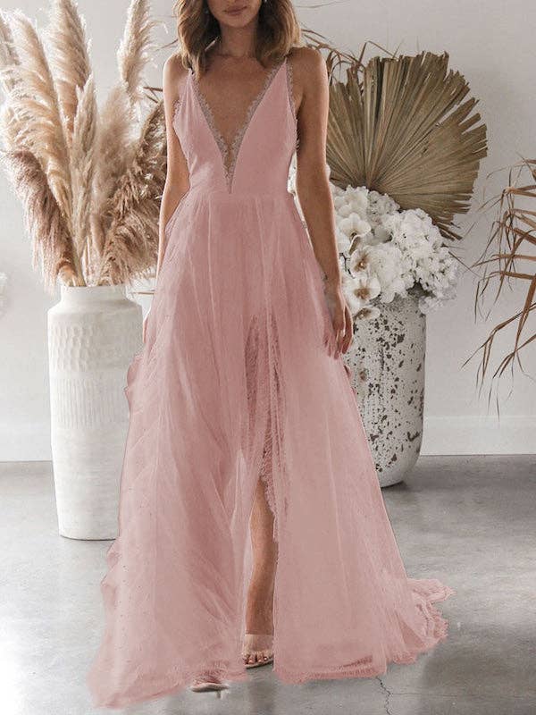 Plush Looks - Wholesale Dress - Women's - Wedding Deep V Neck Backless Lace Split Maxi Dress4