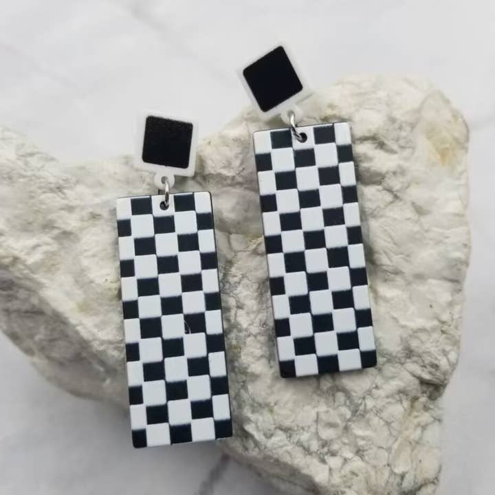Acrylic Black Gingham Cabana Earrings for wholesale by The Pretty Jewellery