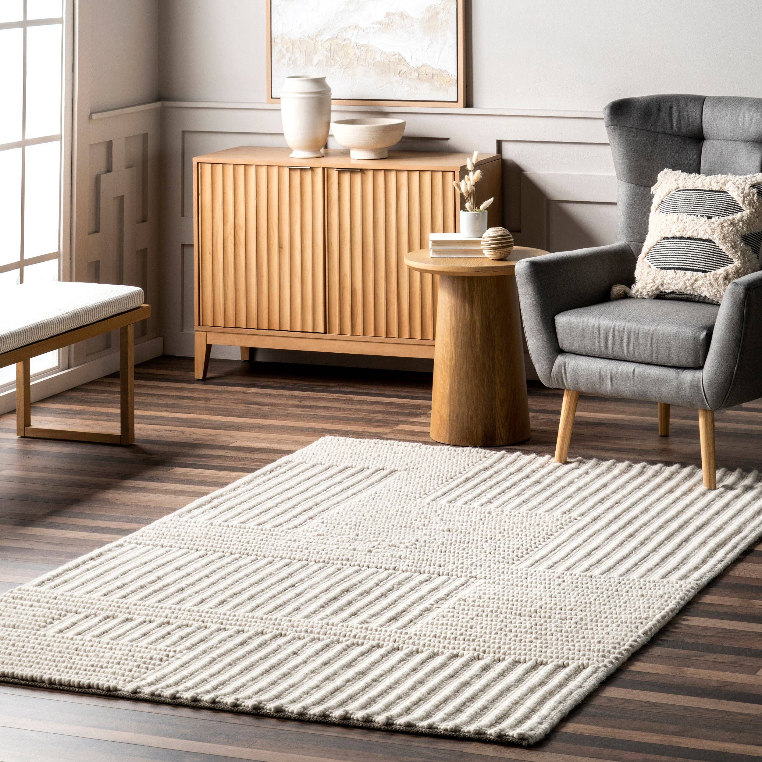 Ivory Dorene Contemporary High-Low Striped Wool Area Rug for wholesale on Faire0