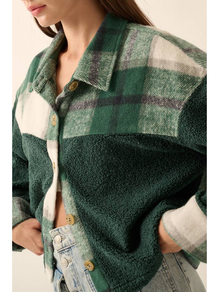 PINE GREEN Plaid Contrast Fur Button Front Yoke Front Shacket for wholesale on Faire