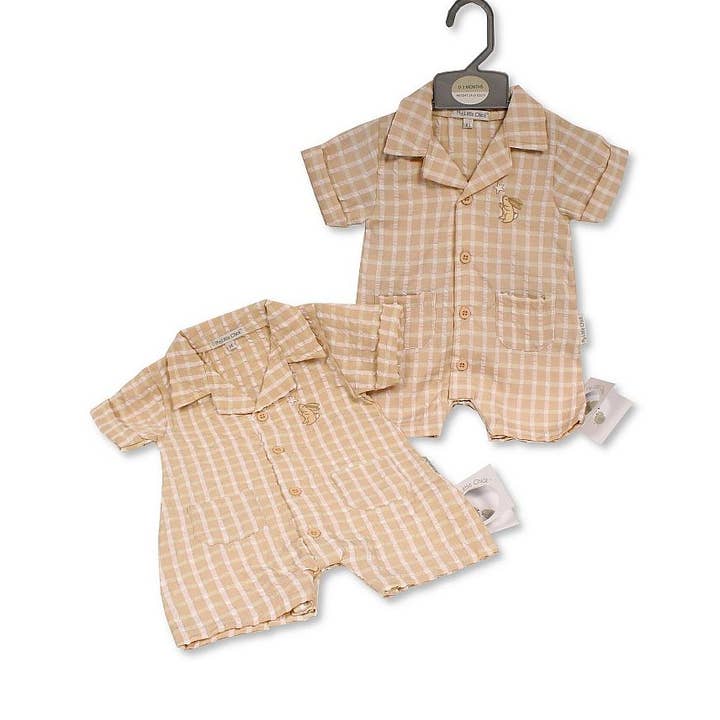 Baby Boys Chequered Romper with Pockets - Bunny - 6309 for wholesale by Sheldon International