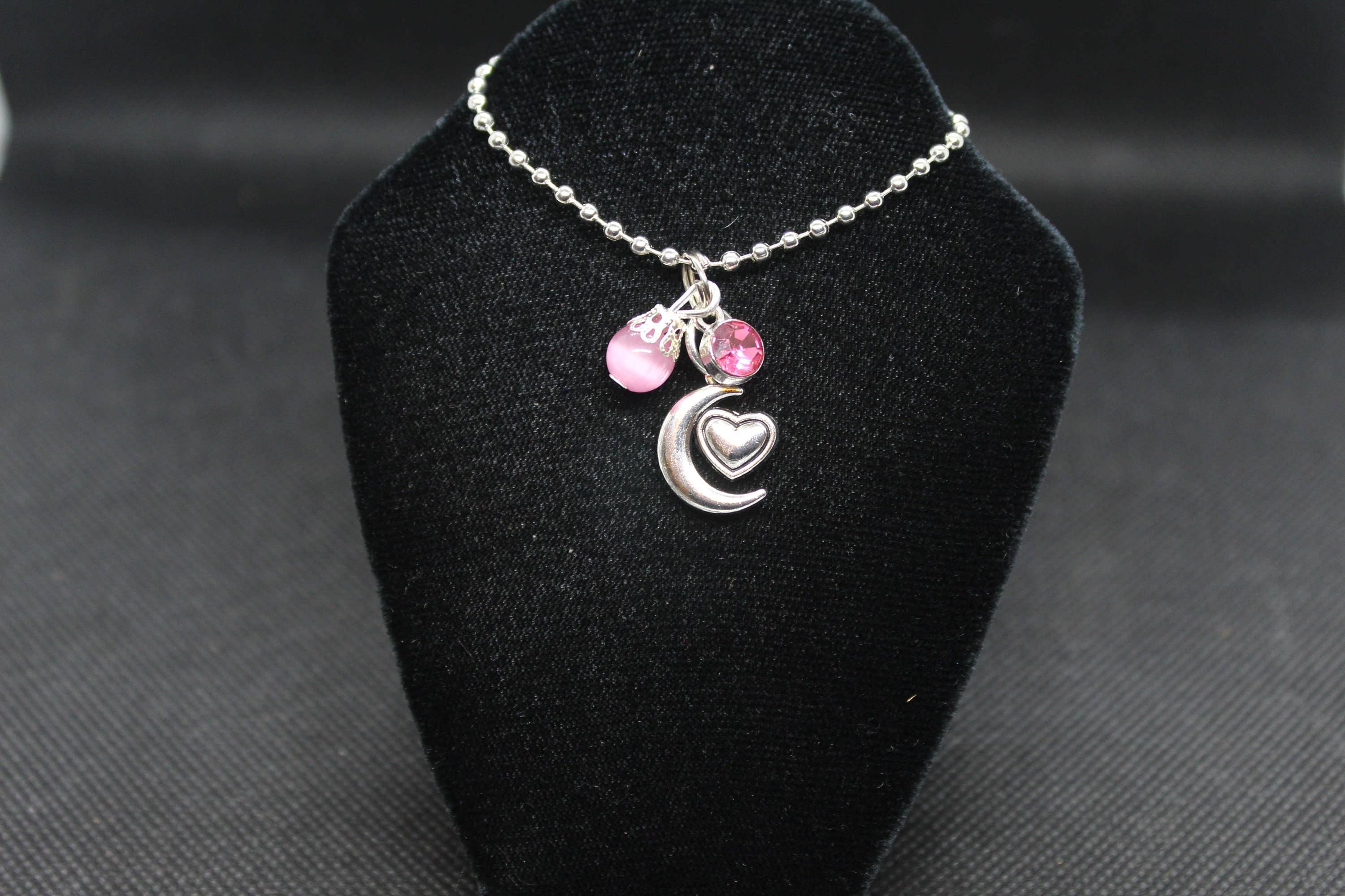 Witchcrafted in MI - Wholesale Pendant/Charm Necklace - Pink Cat's Eye Heart Moon Necklace Crystal Witch Witchy2