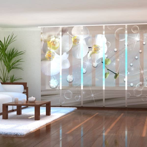 Set of 6 Orchid and Rhinestone Panel Curtains on Beige Silk for wholesale by IlyDecor