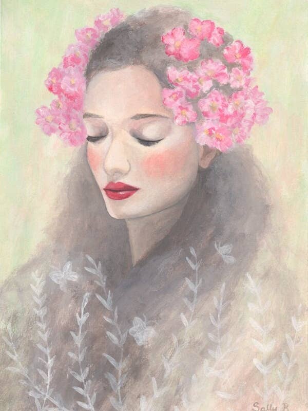 Kvinna porträtt konsttryck med blommor illustration för för wholesale av Sally B