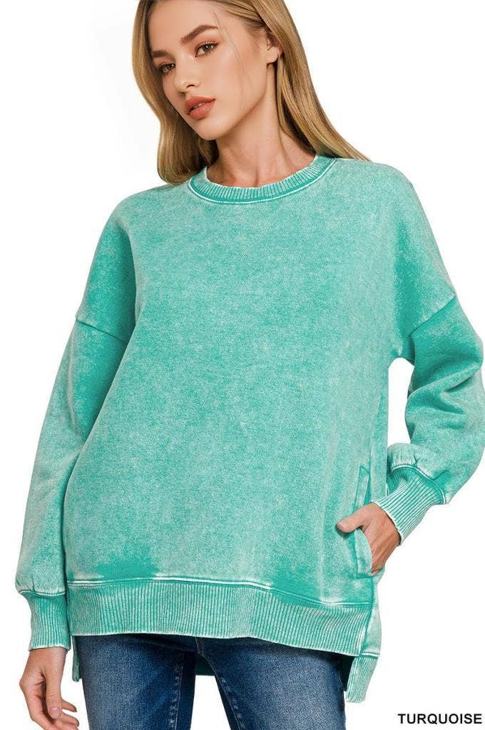 42POPS – Sweatshirt - Mulher por atacado – Pulôver de Fleece com Lavagem Ácida e Bainha Assimétrica com Bolsos SI-249809