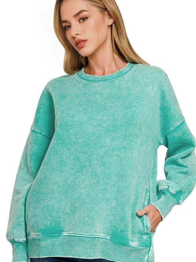 42POPS - Wholesale Sweatshirt - Women's - .1015 Acid Wash Fleece Hi Low Hem Pullover With Pockets SI-249809