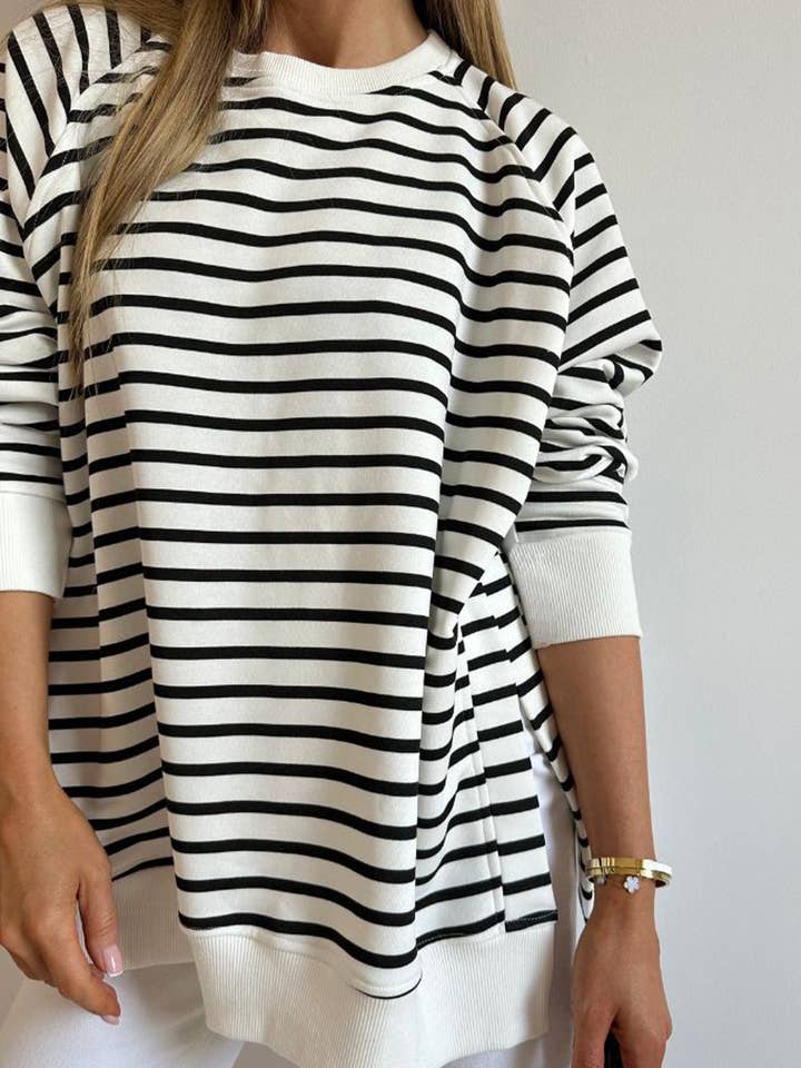 Black Stripe Raglan Sleeve Side Slits Loose Sweatshirt for wholesale on Faire