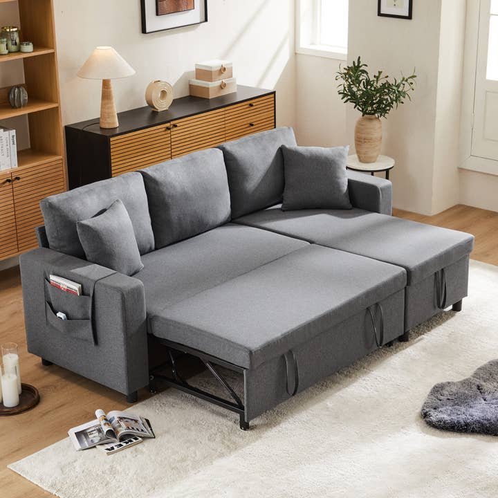 Urban Meuble - Wholesale Sofa - Reversible 3-seater gray linen fabric corner sofa bed PHOTOSPHERE7